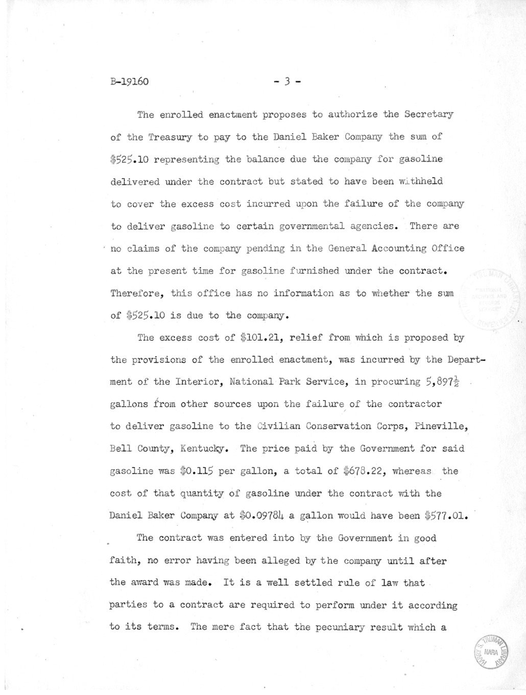 Memorandum from Harold D. Smith to M. C. Latta, H. R. 1676, for the Relief of the Daniel Baker Company of Manchester, Kentucky, with Attachments