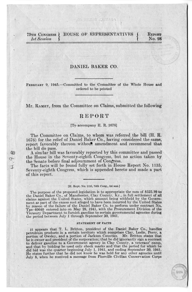 Memorandum from Harold D. Smith to M. C. Latta, H. R. 1676, for the Relief of the Daniel Baker Company of Manchester, Kentucky, with Attachments