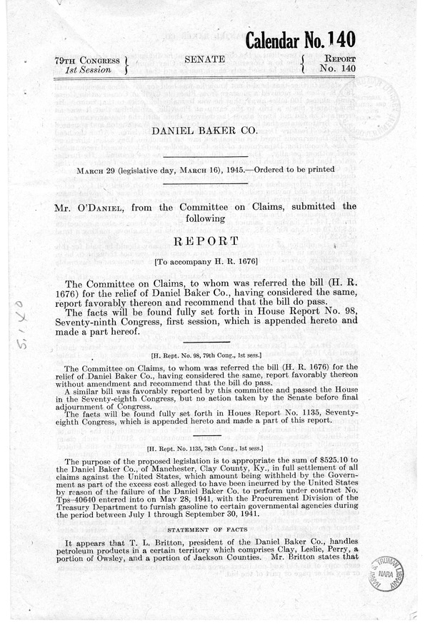 Memorandum from Harold D. Smith to M. C. Latta, H. R. 1676, for the Relief of the Daniel Baker Company of Manchester, Kentucky, with Attachments
