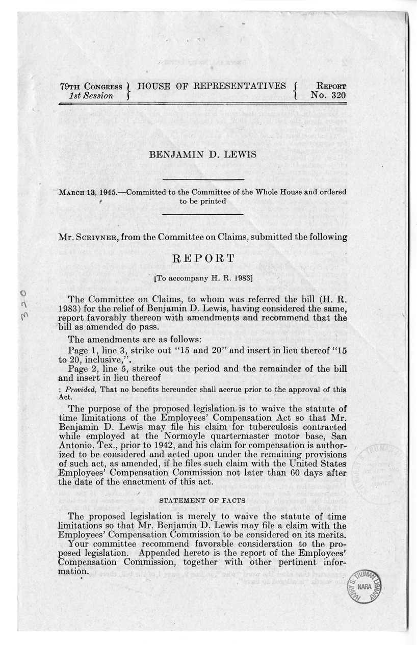 Memorandum from Frederick J. Bailey to M. C. Latta, H.R. 1983, For the Relief of Benjamin D. Lewis, with Attachments