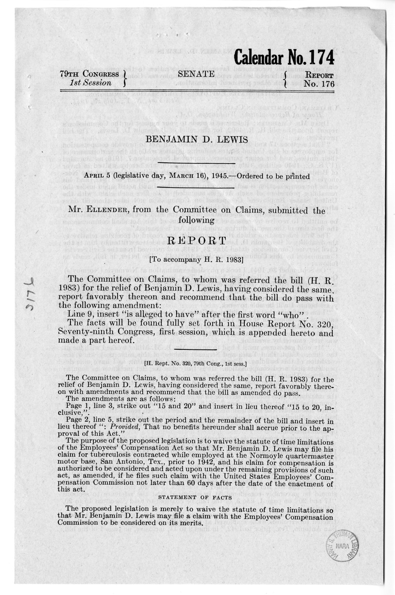 Memorandum from Frederick J. Bailey to M. C. Latta, H.R. 1983, For the Relief of Benjamin D. Lewis, with Attachments