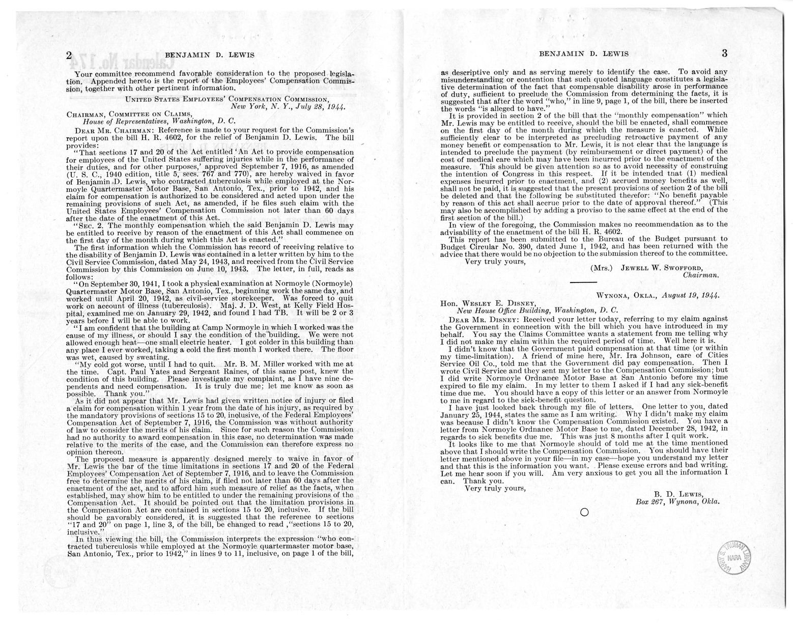 Memorandum from Frederick J. Bailey to M. C. Latta, H.R. 1983, For the Relief of Benjamin D. Lewis, with Attachments