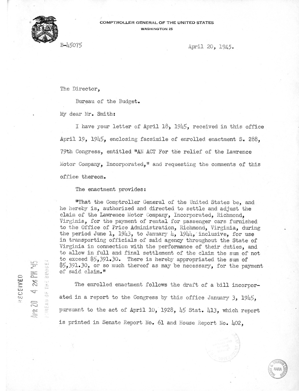 Memorandum from Frederick J. Bailey to M. C. Latta, H.R. 288, For the Relief of the Lawrence Motor Company, Incorporated, with Attachments