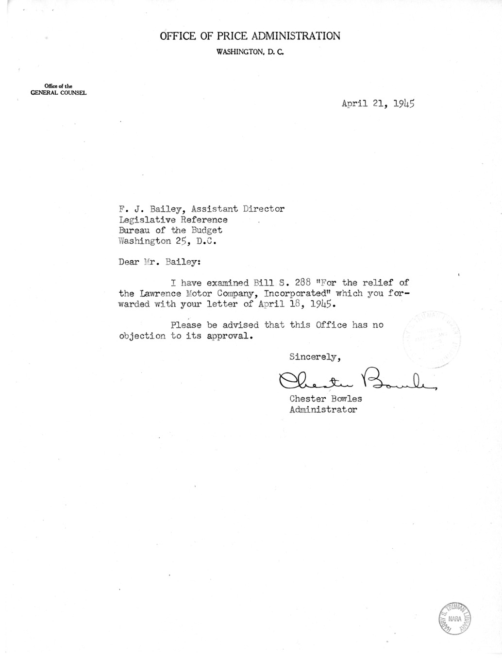 Memorandum from Frederick J. Bailey to M. C. Latta, H.R. 288, For the Relief of the Lawrence Motor Company, Incorporated, with Attachments