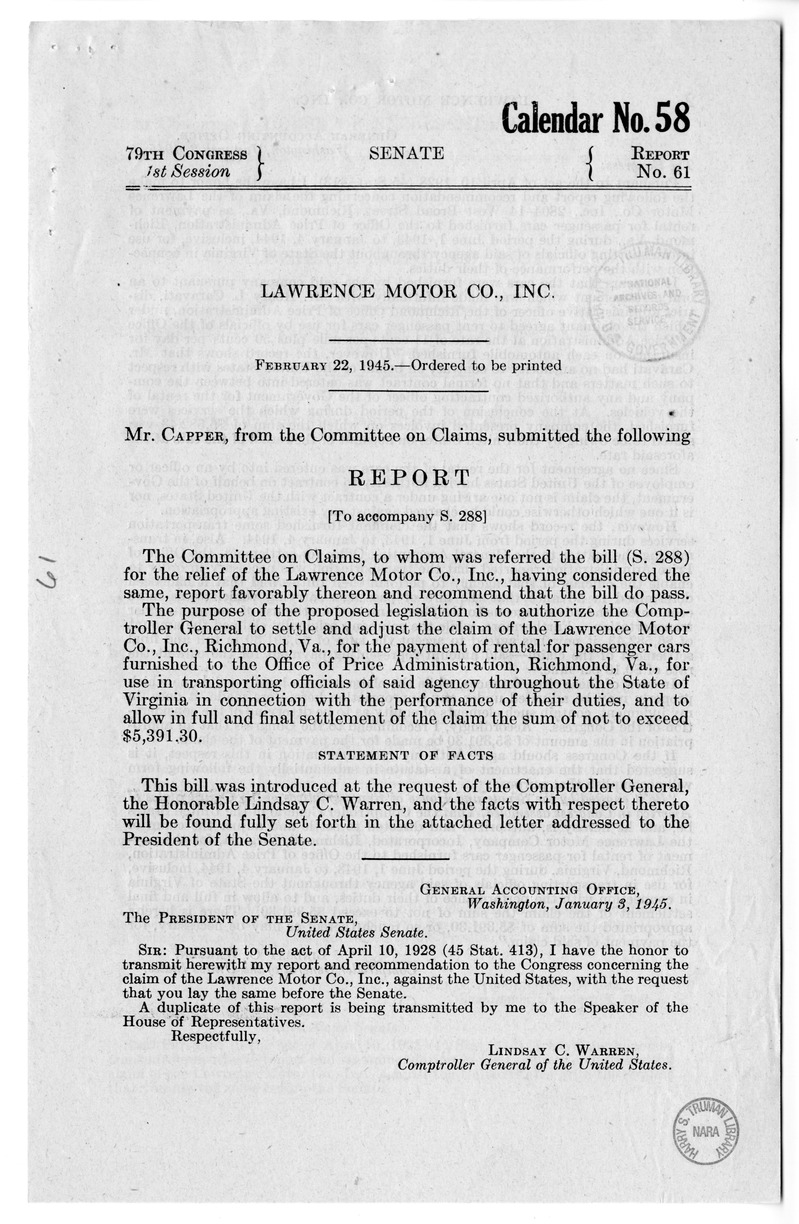 Memorandum from Frederick J. Bailey to M. C. Latta, H.R. 288, For the Relief of the Lawrence Motor Company, Incorporated, with Attachments