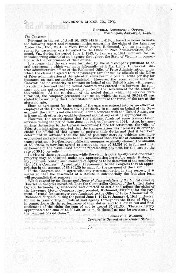 Memorandum from Frederick J. Bailey to M. C. Latta, H.R. 288, For the Relief of the Lawrence Motor Company, Incorporated, with Attachments