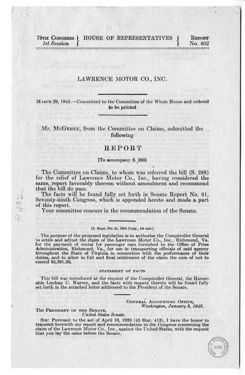 Memorandum from Frederick J. Bailey to M. C. Latta, H.R. 288, For the Relief of the Lawrence Motor Company, Incorporated, with Attachments