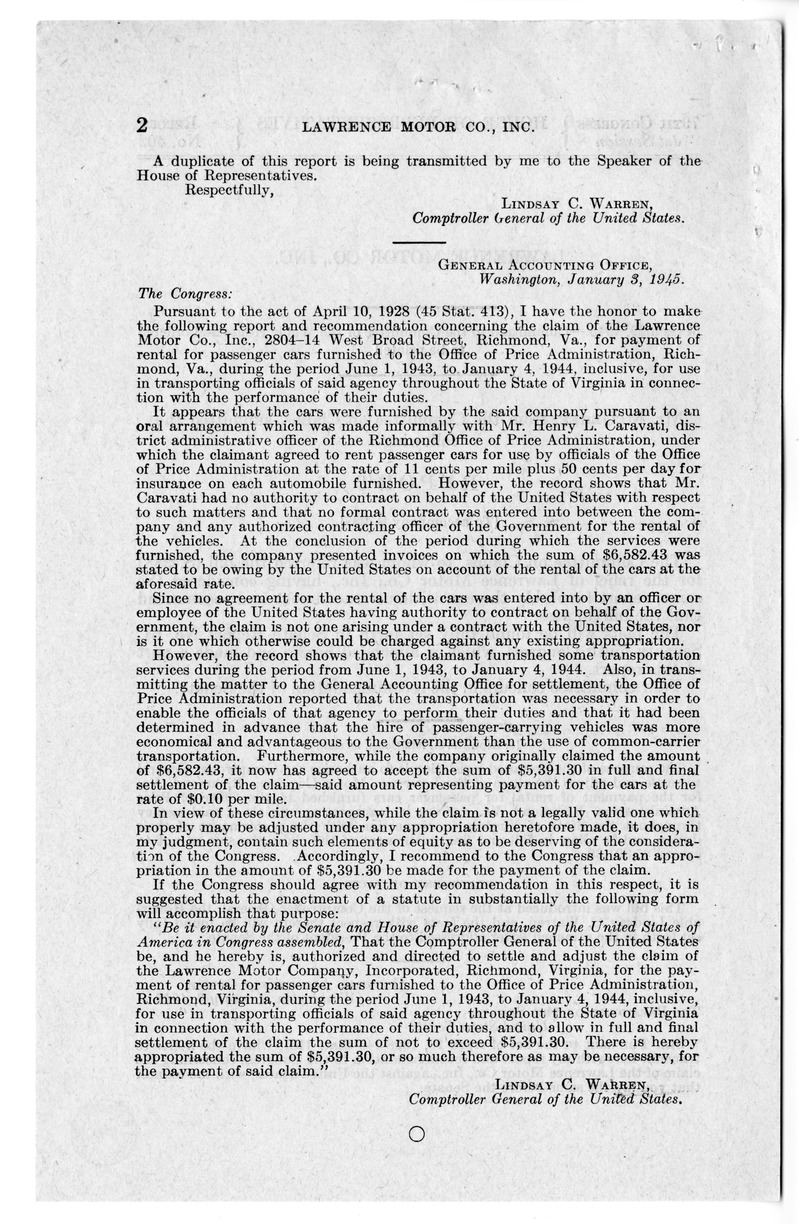 Memorandum from Frederick J. Bailey to M. C. Latta, H.R. 288, For the Relief of the Lawrence Motor Company, Incorporated, with Attachments