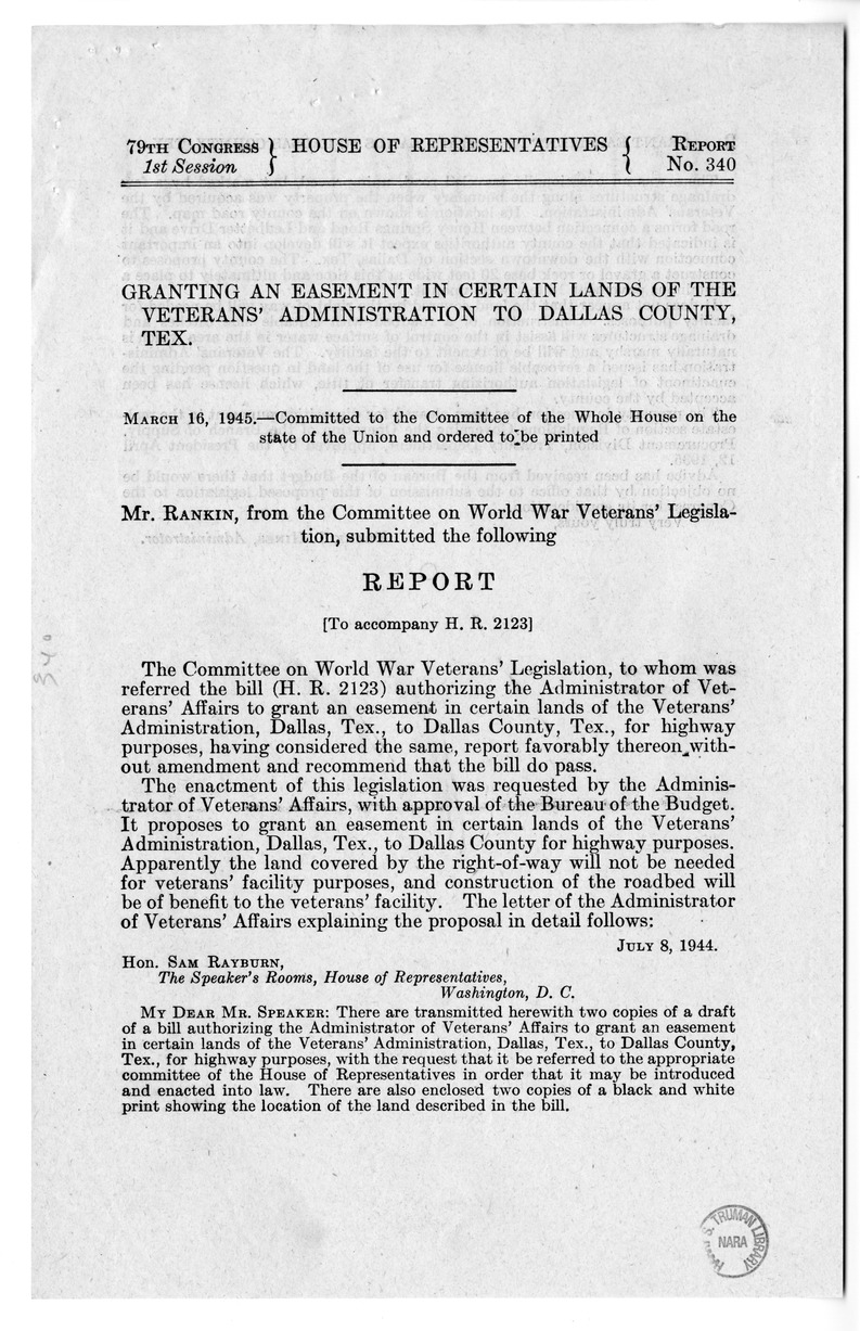 Memorandum from Frederick J. Bailey to M. C. Latta, S. 530, Act Authorizing the Administrator of Veterans' Affairs to Grant an Easement, in Dallas, Texas, with Attachments