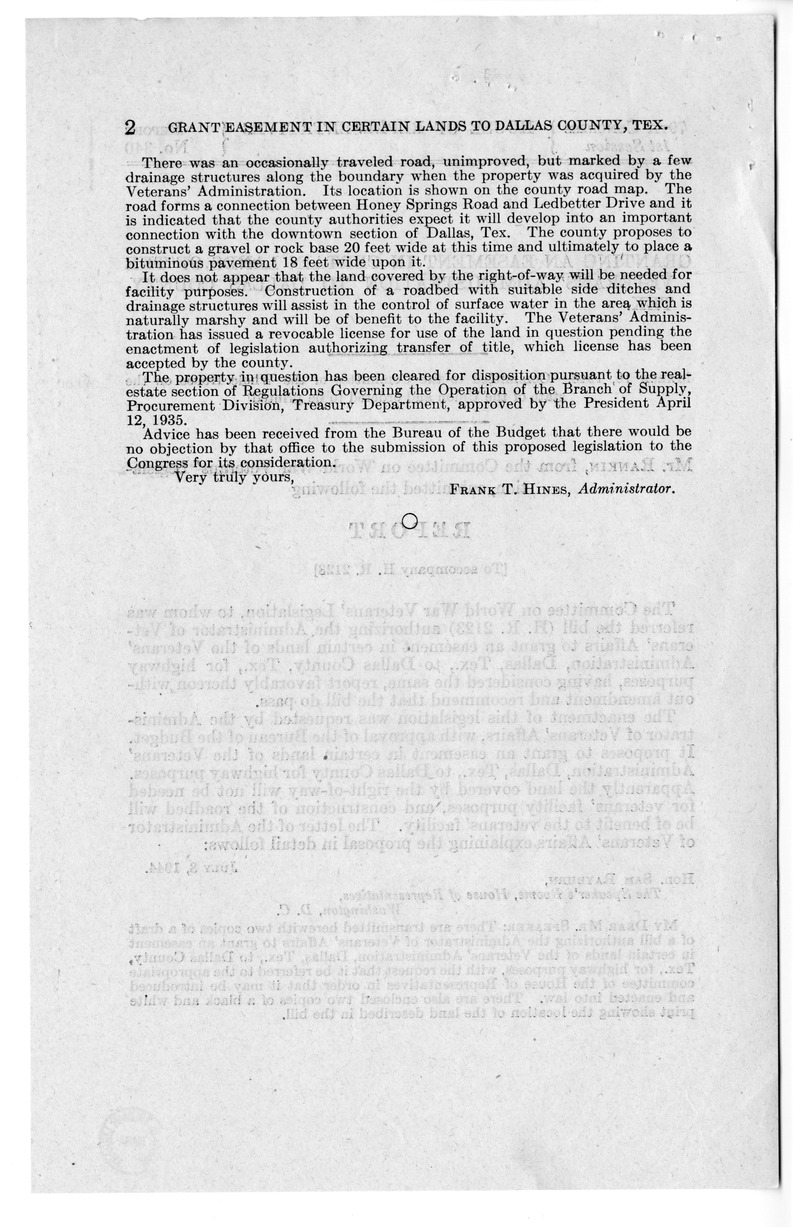 Memorandum from Frederick J. Bailey to M. C. Latta, S. 530, Act Authorizing the Administrator of Veterans' Affairs to Grant an Easement, in Dallas, Texas, with Attachments
