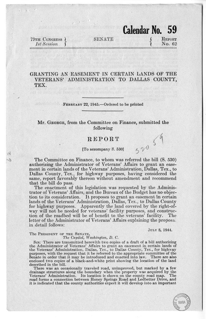 Memorandum from Frederick J. Bailey to M. C. Latta, S. 530, Act Authorizing the Administrator of Veterans' Affairs to Grant an Easement, in Dallas, Texas, with Attachments