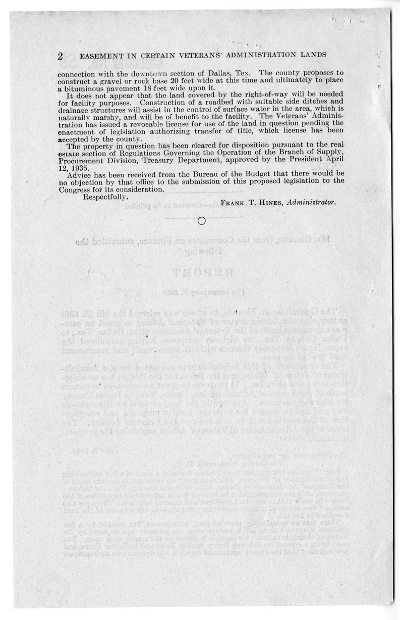 Memorandum from Frederick J. Bailey to M. C. Latta, S. 530, Act Authorizing the Administrator of Veterans' Affairs to Grant an Easement, in Dallas, Texas, with Attachments