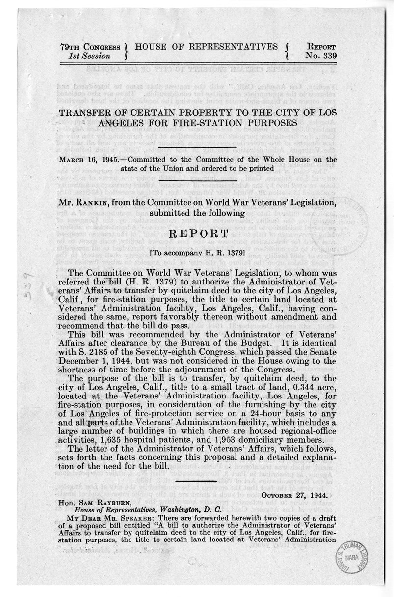 Memorandum from Frederick J. Bailey to M. C. Latta, S. 531, Transfer of Title for Certain Land in Los Angeles, California, with Attachments