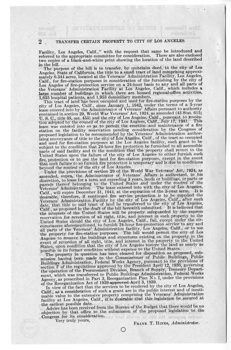 Memorandum from Frederick J. Bailey to M. C. Latta, S. 531, Transfer of Title for Certain Land in Los Angeles, California, with Attachments