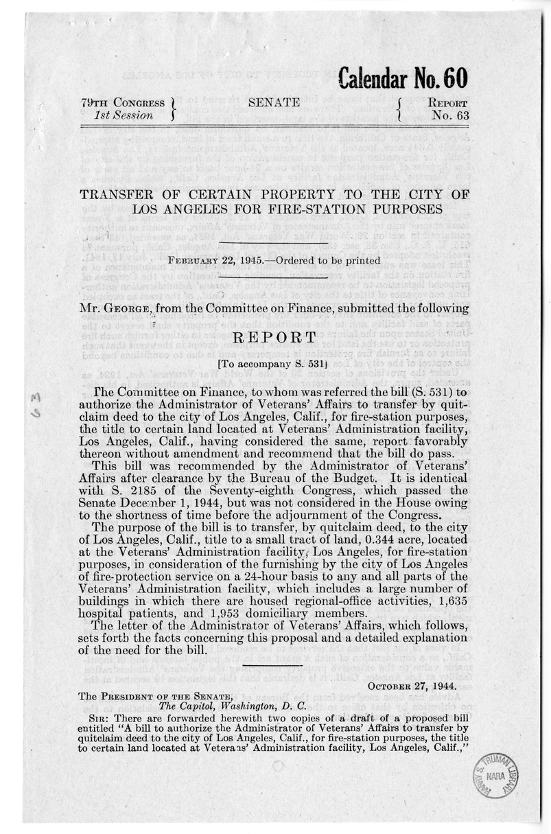 Memorandum from Frederick J. Bailey to M. C. Latta, S. 531, Transfer of Title for Certain Land in Los Angeles, California, with Attachments