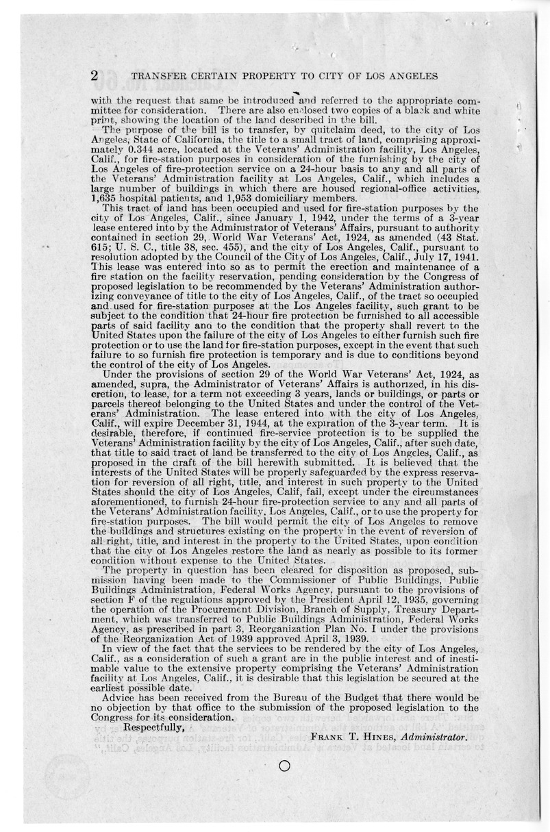 Memorandum from Frederick J. Bailey to M. C. Latta, S. 531, Transfer of Title for Certain Land in Los Angeles, California, with Attachments