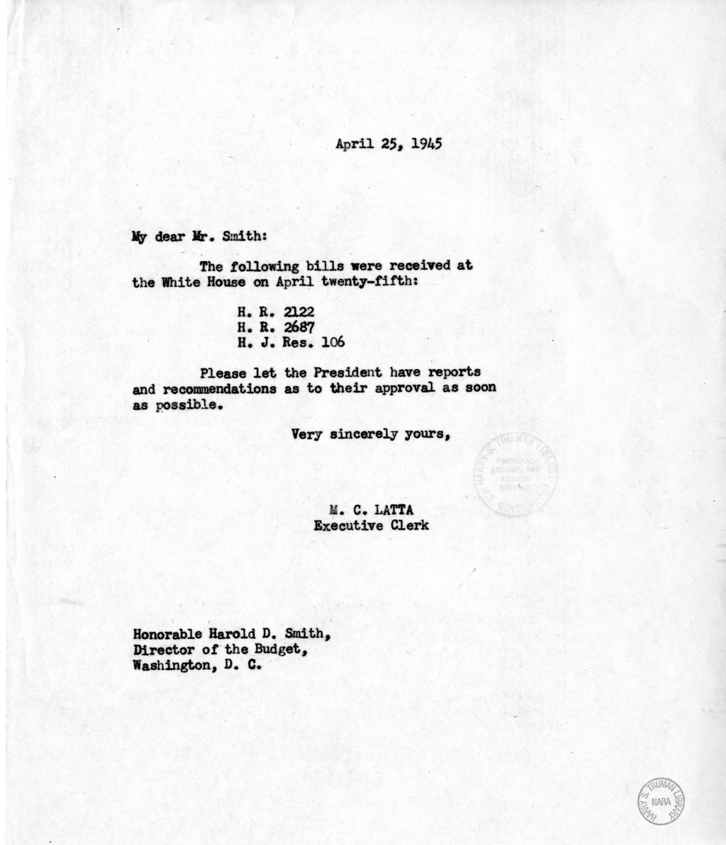 Memorandum from M. C. Latta to Harold D. Smith