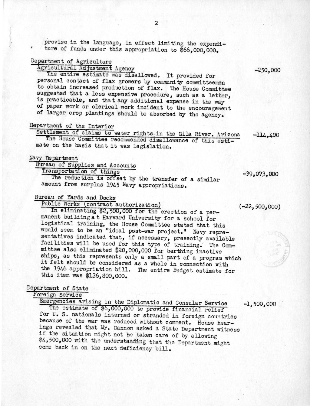 Memorandum from Harold D. Smith to M. C. Latta, H. R. 2374, Making Appropriations to Supply Deficiencies in Certain Appropriations, with Attachments