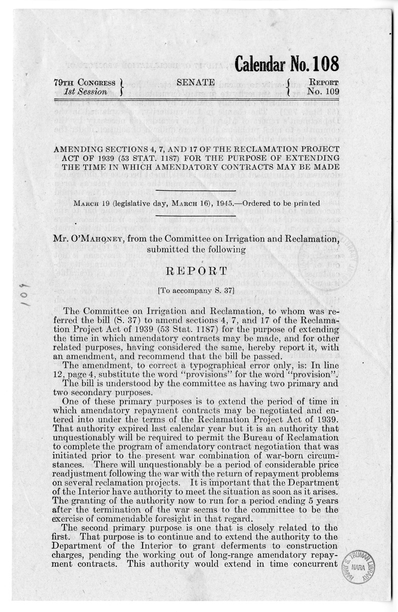 Memorandum from Harold D. Smith to M. C. Latta, S. 37, To Amend Sections of the Reclamation Project Act of 1939 (53 Stat. 1187), with Attachments