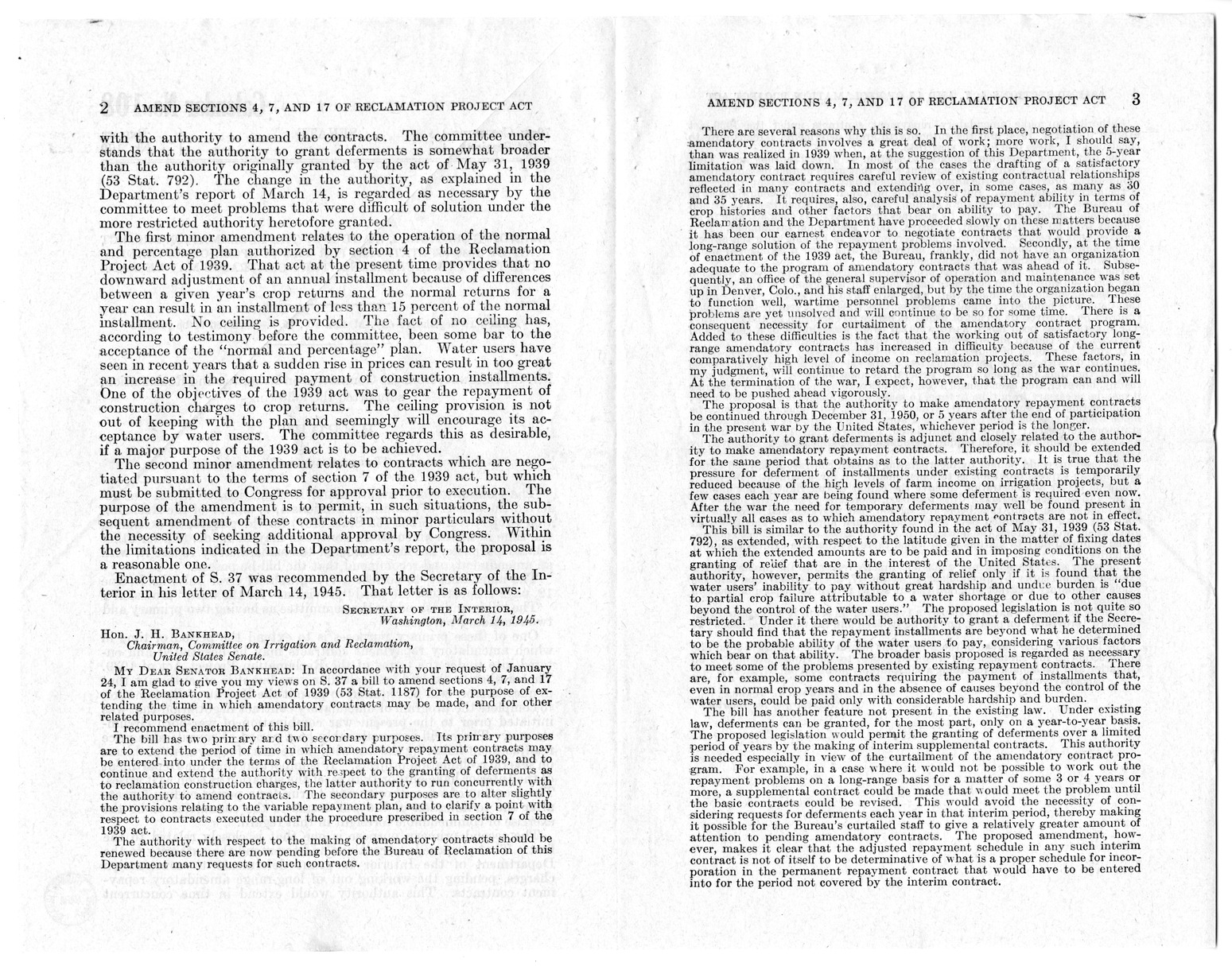 Memorandum from Harold D. Smith to M. C. Latta, S. 37, To Amend Sections of the Reclamation Project Act of 1939 (53 Stat. 1187), with Attachments