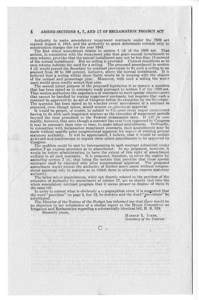 Memorandum from Harold D. Smith to M. C. Latta, S. 37, To Amend Sections of the Reclamation Project Act of 1939 (53 Stat. 1187), with Attachments