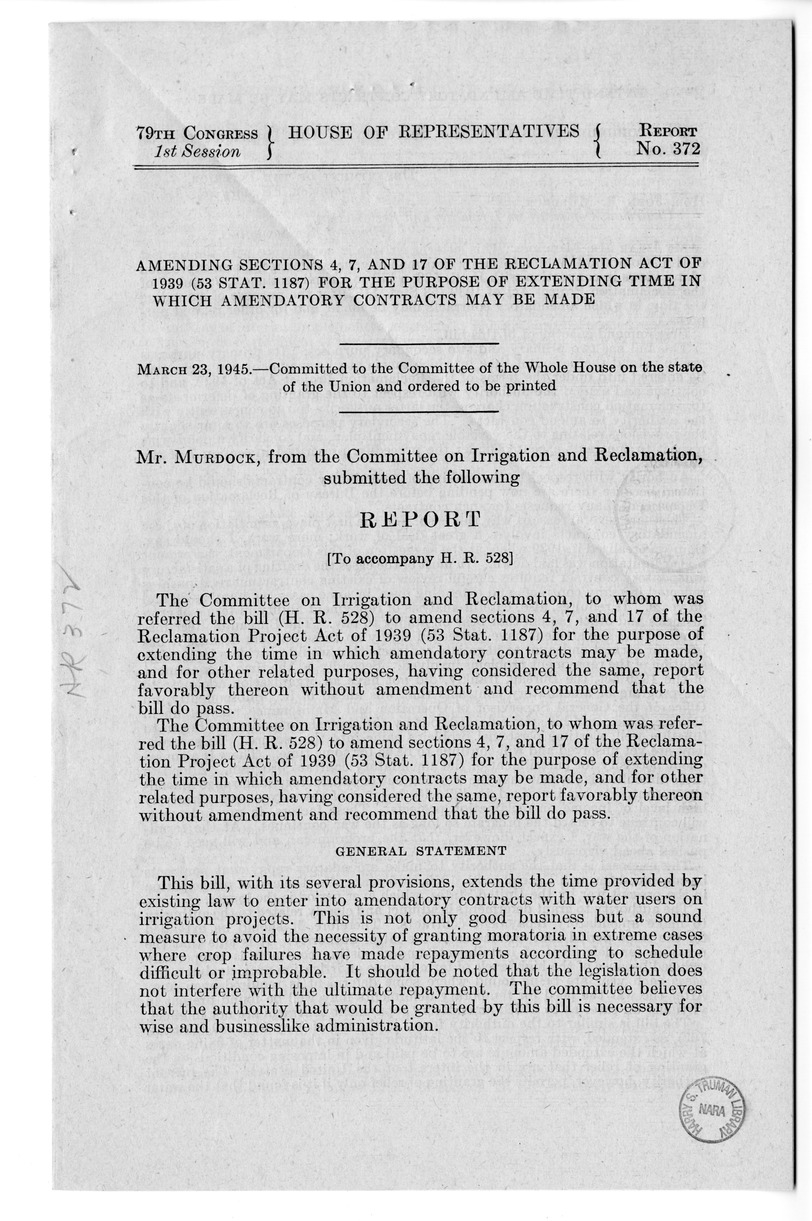 Memorandum from Harold D. Smith to M. C. Latta, S. 37, To Amend Sections of the Reclamation Project Act of 1939 (53 Stat. 1187), with Attachments