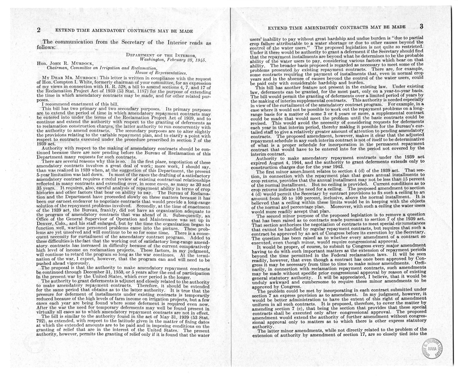 Memorandum from Harold D. Smith to M. C. Latta, S. 37, To Amend Sections of the Reclamation Project Act of 1939 (53 Stat. 1187), with Attachments