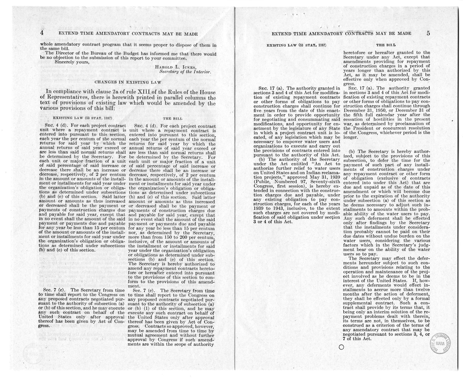 Memorandum from Harold D. Smith to M. C. Latta, S. 37, To Amend Sections of the Reclamation Project Act of 1939 (53 Stat. 1187), with Attachments