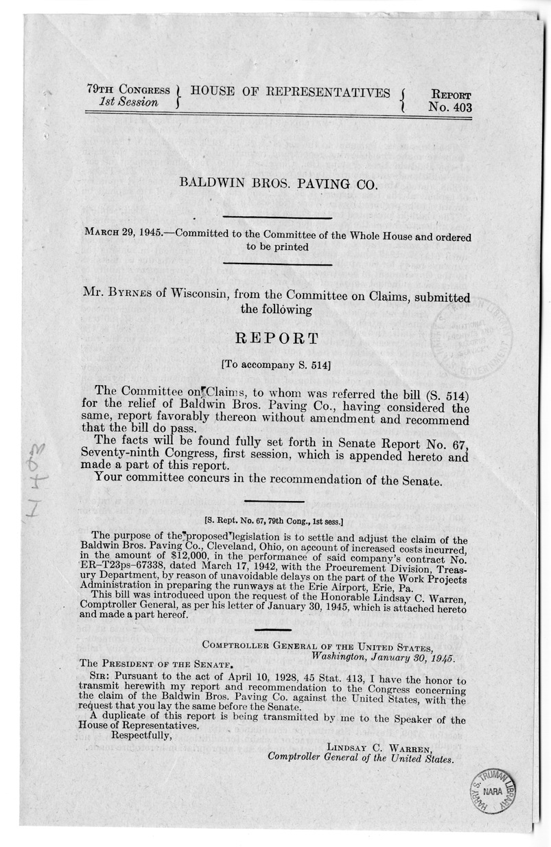 Memorandum from Frederick J. Bailey to M. C. Latta, S. 514, For the Relief of the Baldwin Brothers Paving Company, with Attachments