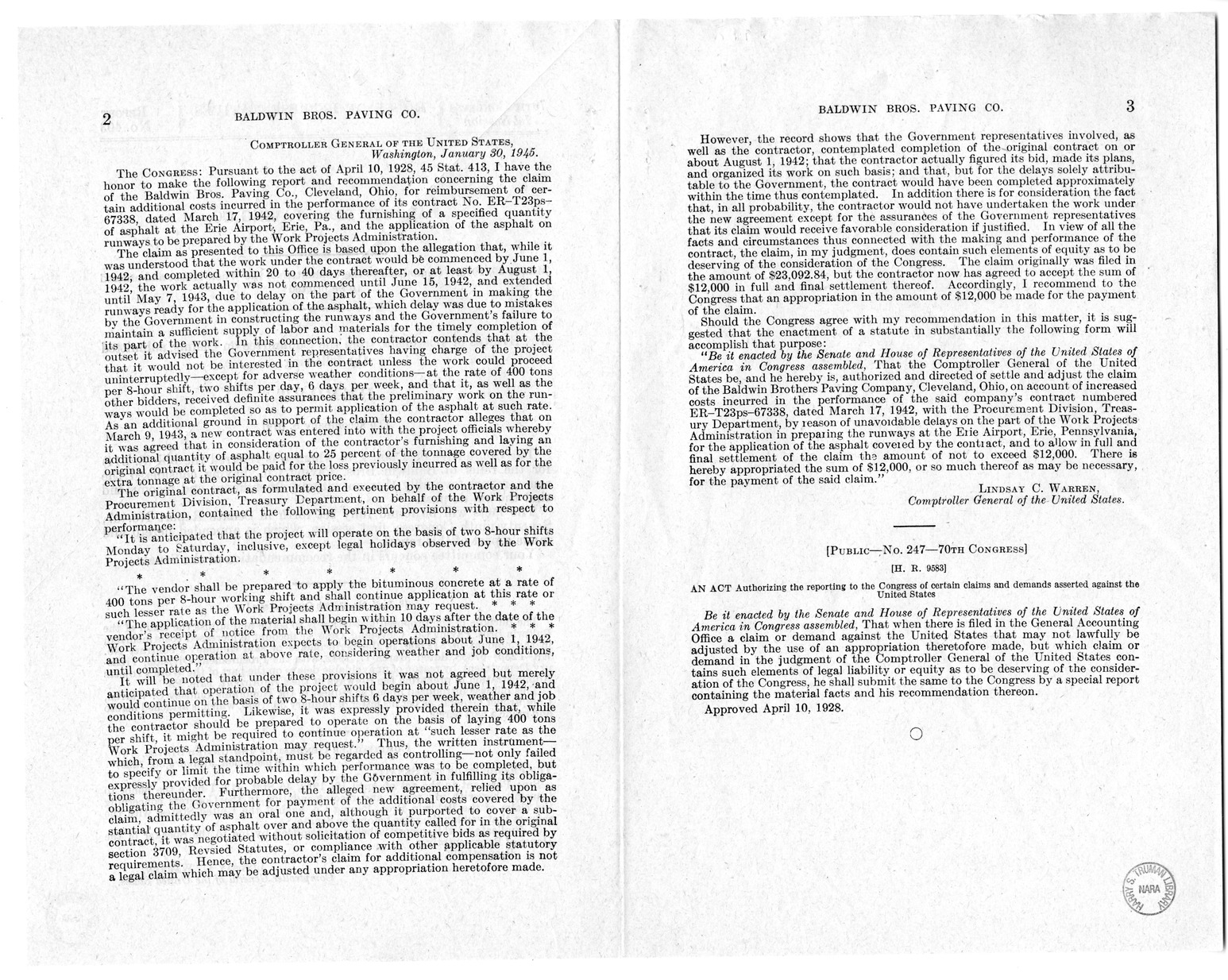 Memorandum from Frederick J. Bailey to M. C. Latta, S. 514, For the Relief of the Baldwin Brothers Paving Company, with Attachments