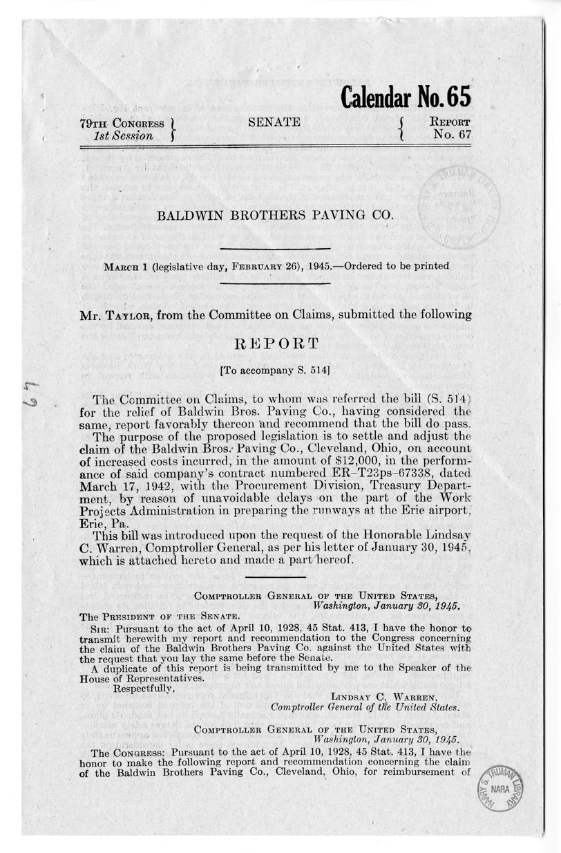 Memorandum from Frederick J. Bailey to M. C. Latta, S. 514, For the Relief of the Baldwin Brothers Paving Company, with Attachments