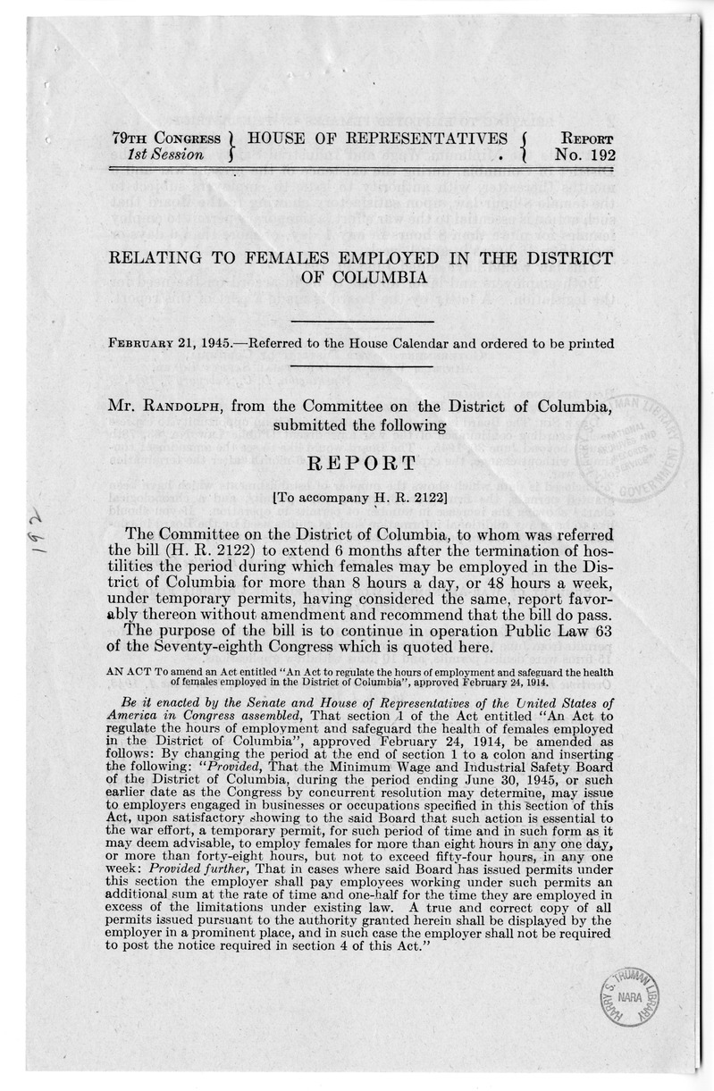 Memorandum from Frederick J. Bailey to M. C. Latta, H. R. 2122, Regarding Female Employment in the District of Columbia, with Attachments