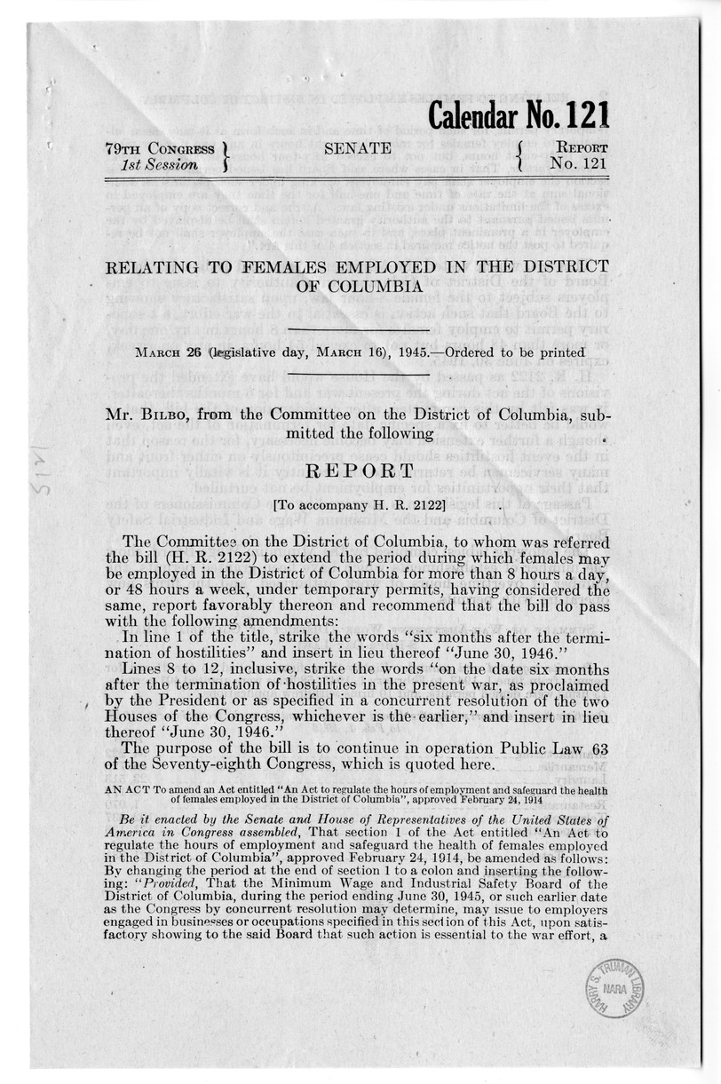 Memorandum from Frederick J. Bailey to M. C. Latta, H. R. 2122, Regarding Female Employment in the District of Columbia, with Attachments