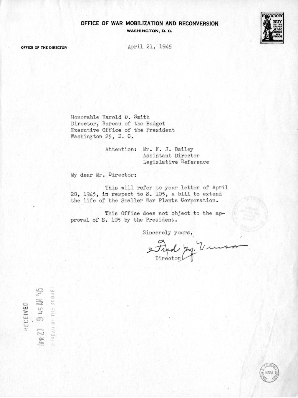 Memorandum from Harold D. Smith to M. C. Latta, H.R. 105, To Extend the Life of the Smaller War Plants Corporation, with Attachments