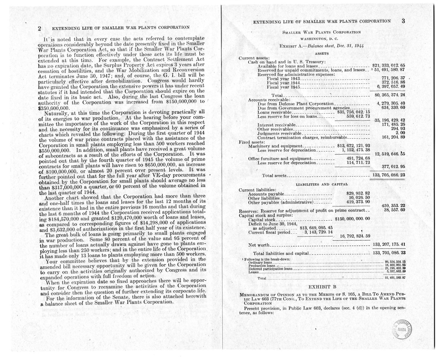 Memorandum from Harold D. Smith to M. C. Latta, H.R. 105, To Extend the Life of the Smaller War Plants Corporation, with Attachments