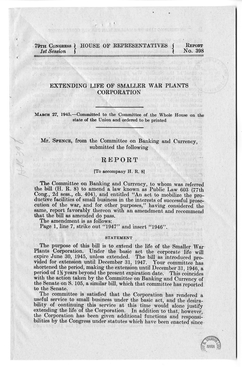 Memorandum from Harold D. Smith to M. C. Latta, H.R. 105, To Extend the Life of the Smaller War Plants Corporation, with Attachments