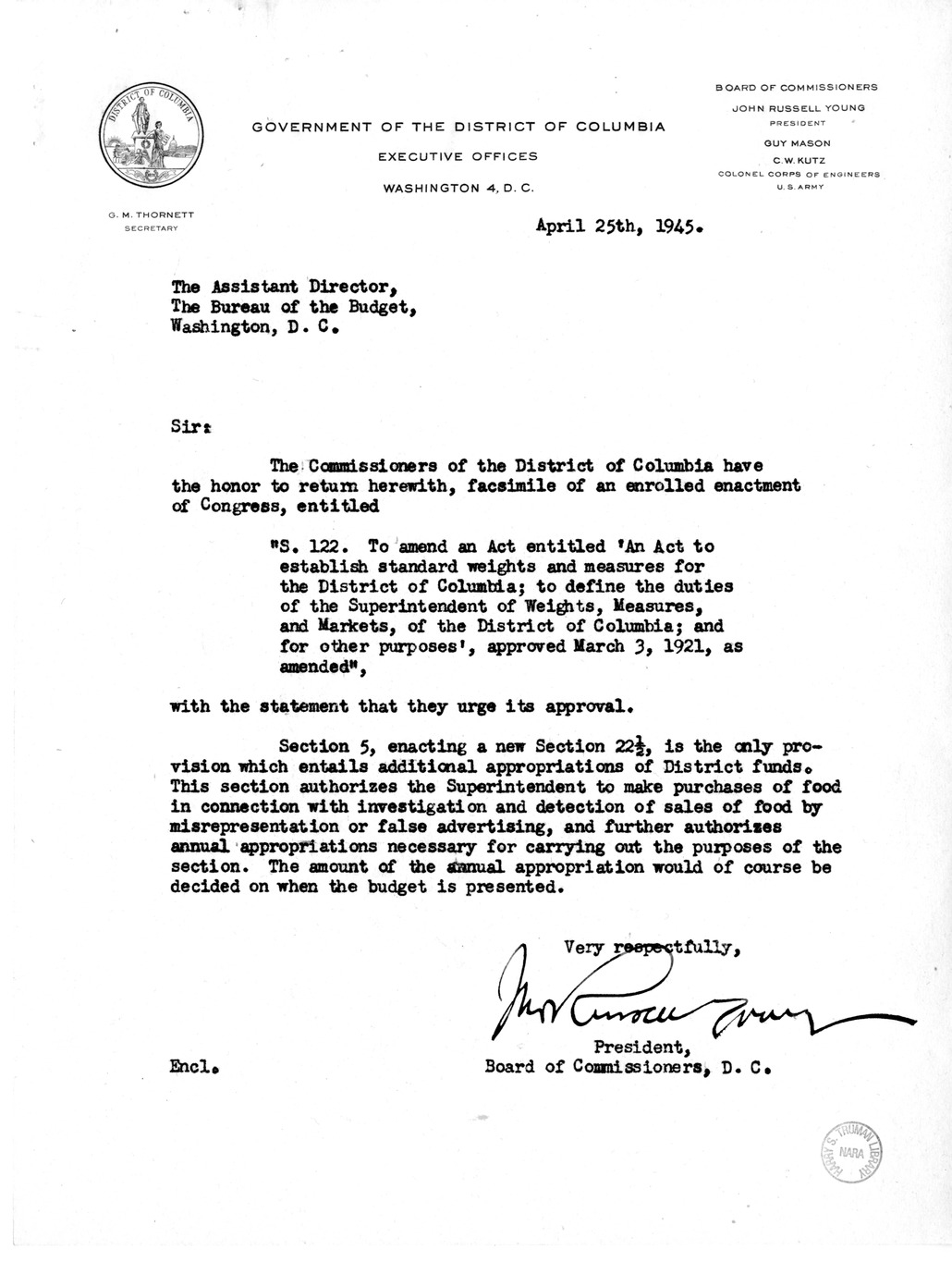 Memorandum from Frederick J. Bailey to M. C. Latta, S. 122, to Amend an Act for Standard Weights and Measures for the District of Columbia, with Attachments