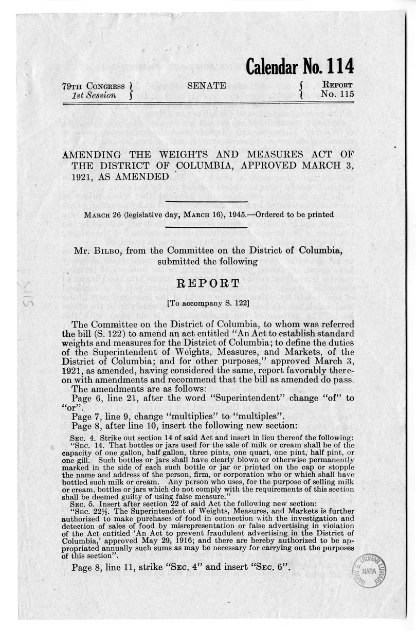 Memorandum from Frederick J. Bailey to M. C. Latta, S. 122, to Amend an Act for Standard Weights and Measures for the District of Columbia, with Attachments