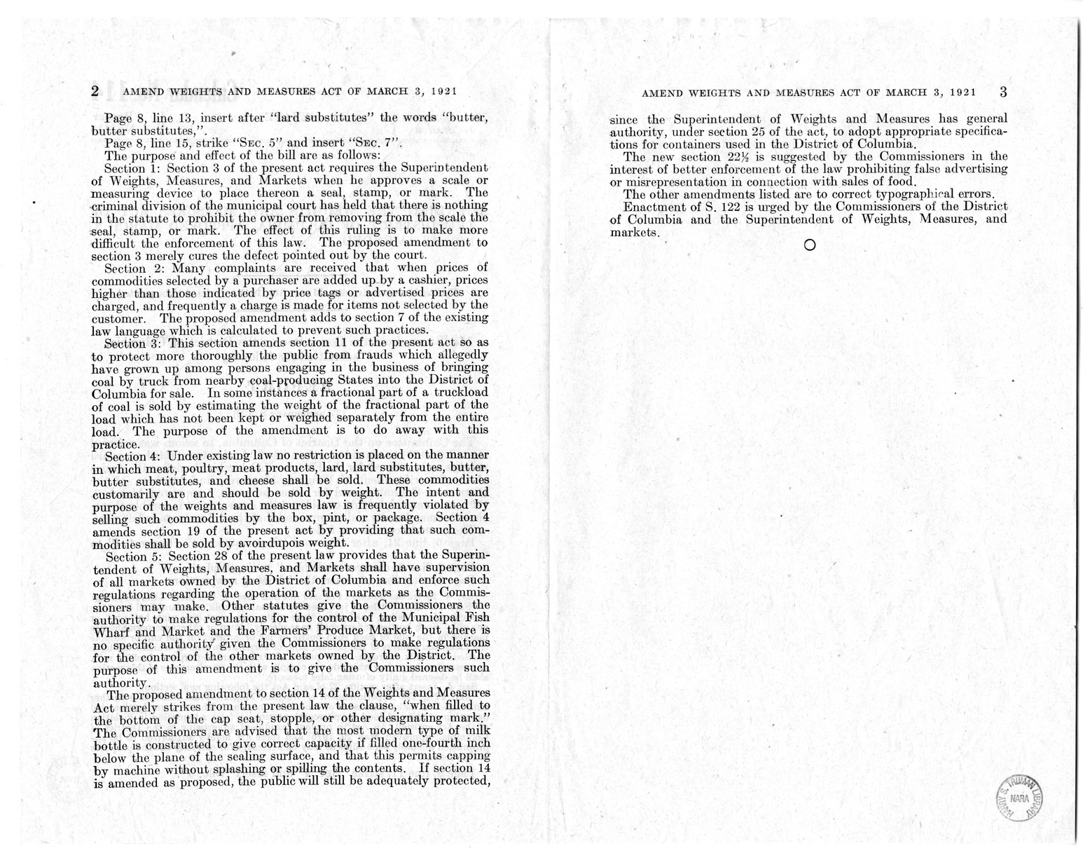 Memorandum from Frederick J. Bailey to M. C. Latta, S. 122, to Amend an Act for Standard Weights and Measures for the District of Columbia, with Attachments