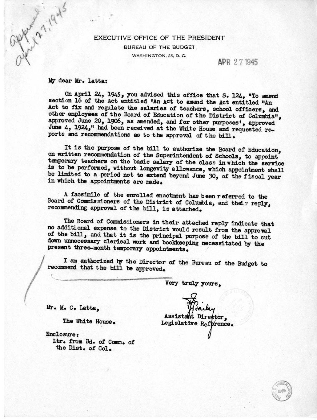Memorandum from Frederick J. Bailey to M. C. Latta, S. 124, To Amend the Act Entitled An Act to Fix and Regulate the Salaries of Teachers, School Officers, and Other Employees of the Board of Education of the District of Columbia, with Attachments