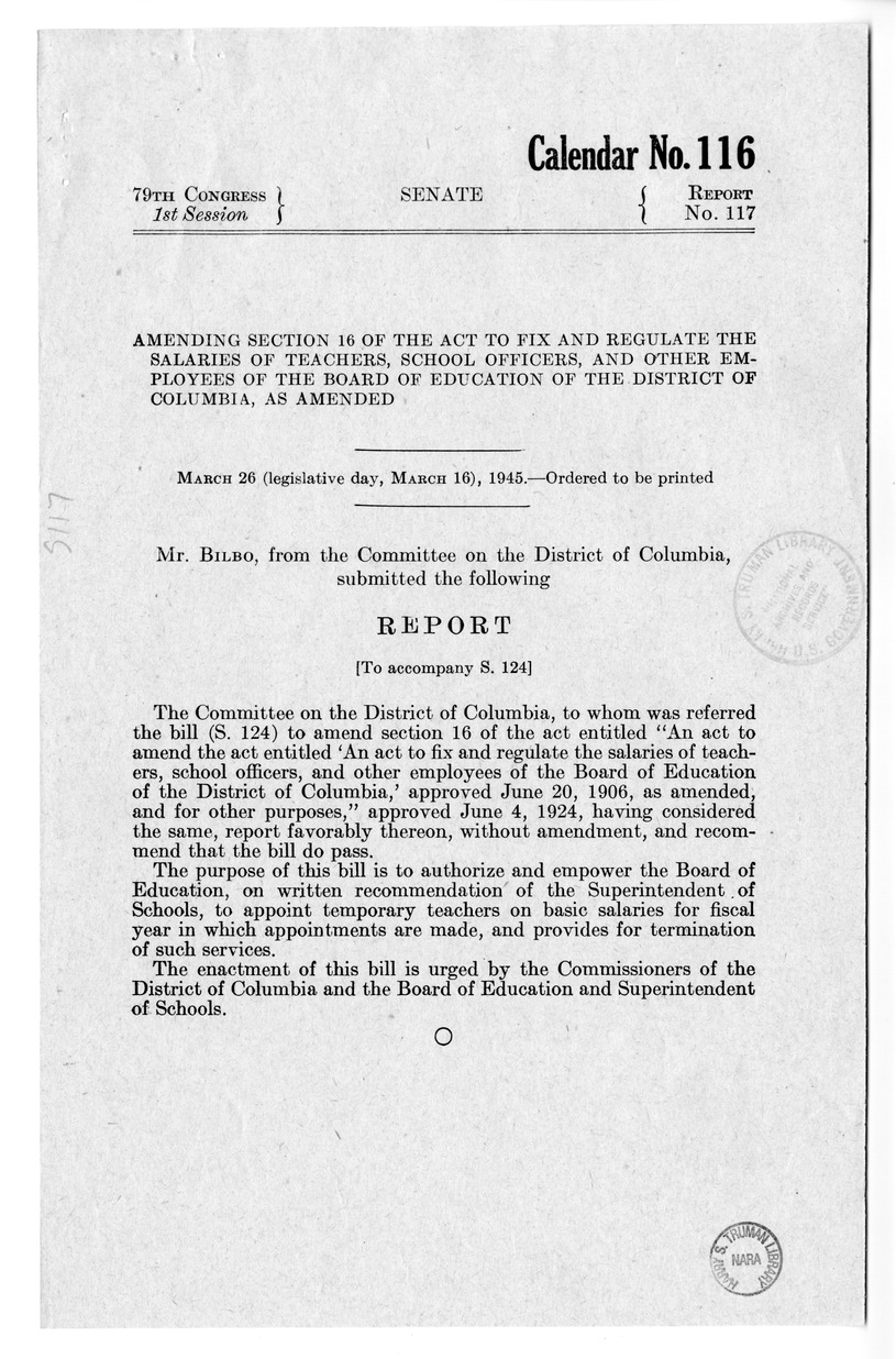Memorandum from Frederick J. Bailey to M. C. Latta, S. 124, To Amend the Act Entitled An Act to Fix and Regulate the Salaries of Teachers, School Officers, and Other Employees of the Board of Education of the District of Columbia, with Attachments