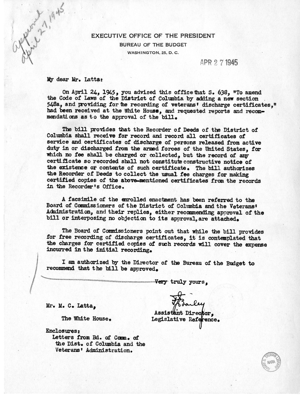 Memorandum from Frederick J. Bailey to M. C. Latta, S. 638, to Amend the Code of Laws of the District of Columbia, with Attachments