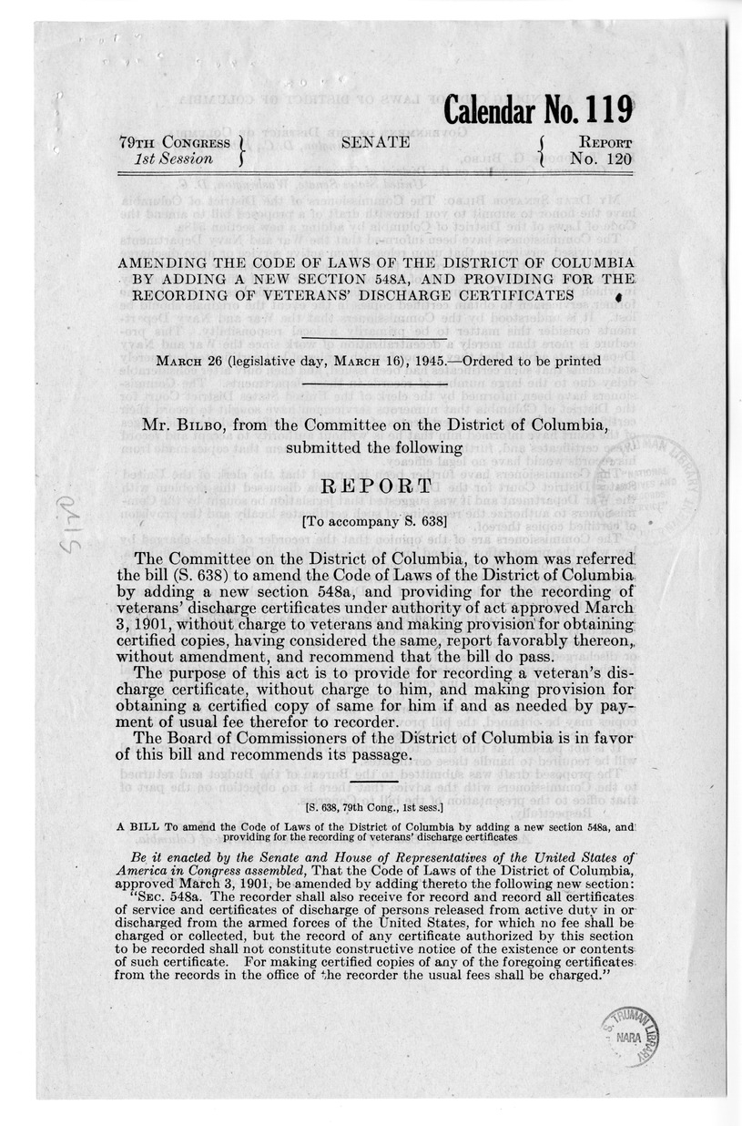 Memorandum from Frederick J. Bailey to M. C. Latta, S. 638, to Amend the Code of Laws of the District of Columbia, with Attachments