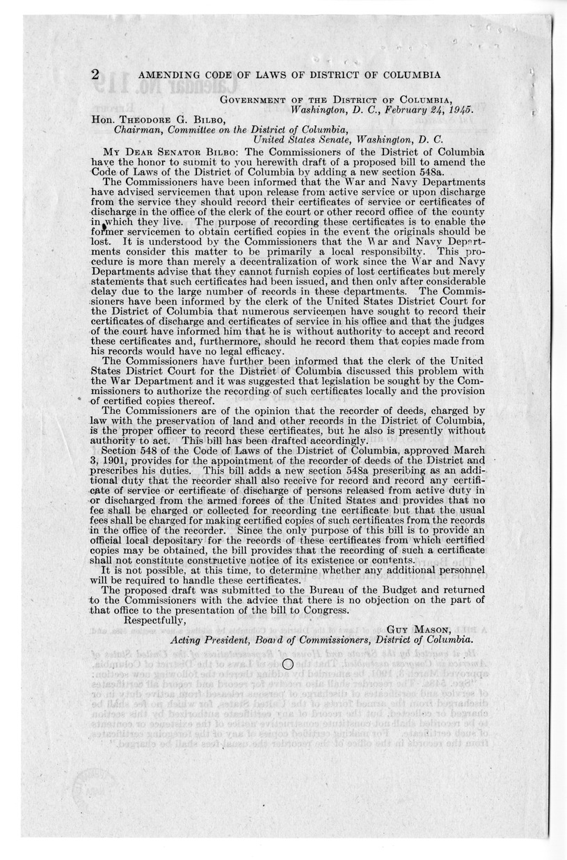Memorandum from Frederick J. Bailey to M. C. Latta, S. 638, to Amend the Code of Laws of the District of Columbia, with Attachments