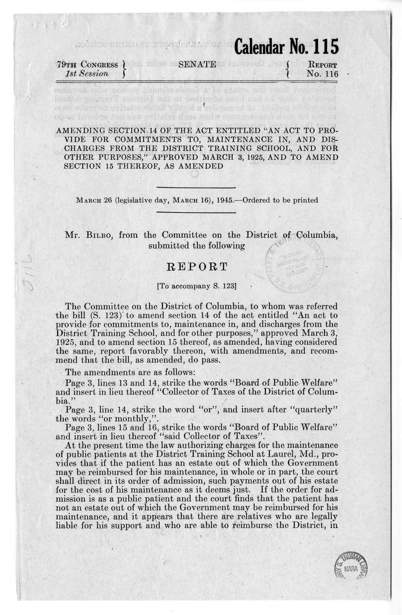 Memorandum from Frederick J. Bailey to M. C. Latta, H.R. 123, To Amend Sections of An Act to Provide for Commitments to, Maintenance in and Discharges From the District Training School, with Attachments