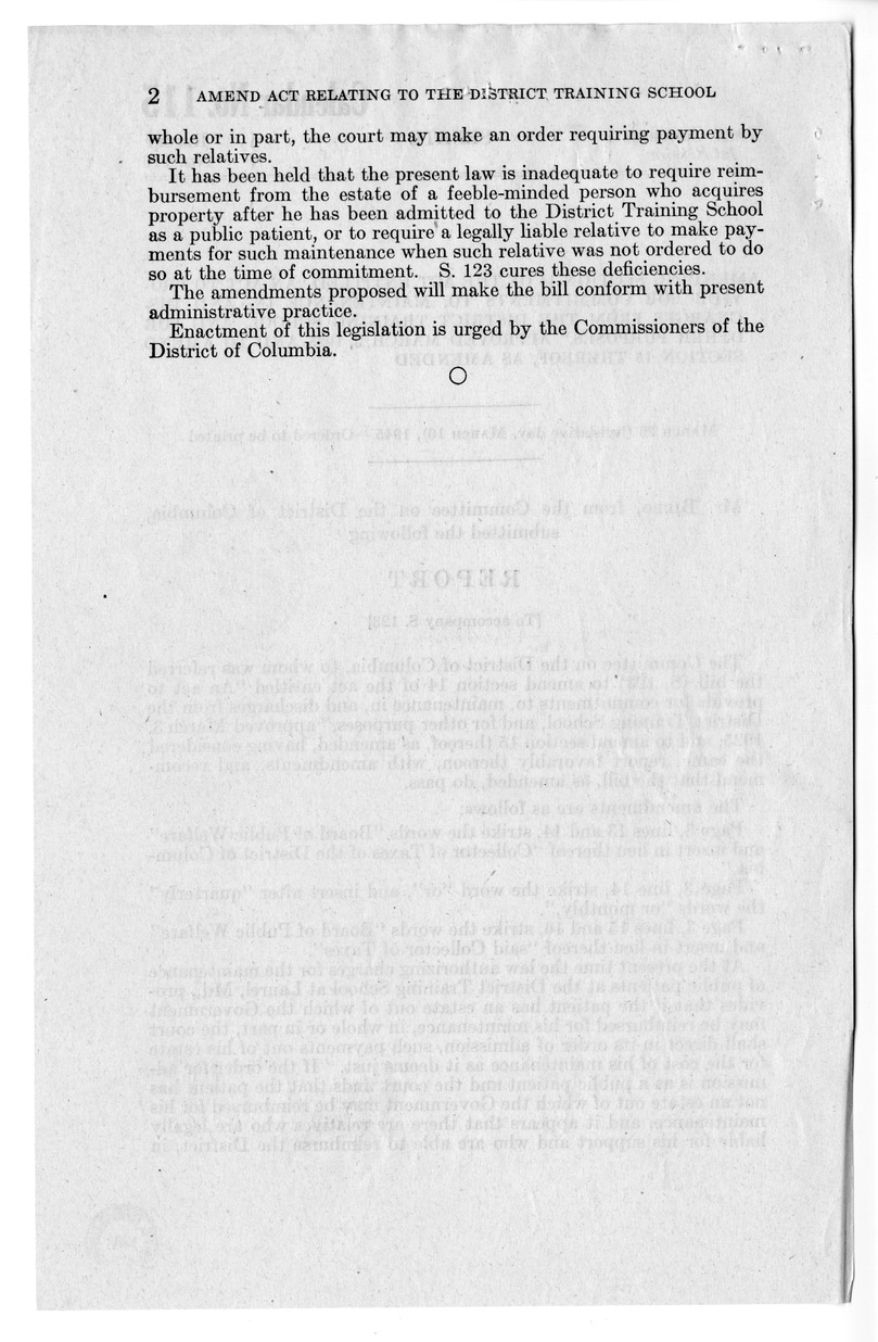 Memorandum from Frederick J. Bailey to M. C. Latta, H.R. 123, To Amend Sections of An Act to Provide for Commitments to, Maintenance in and Discharges From the District Training School, with Attachments