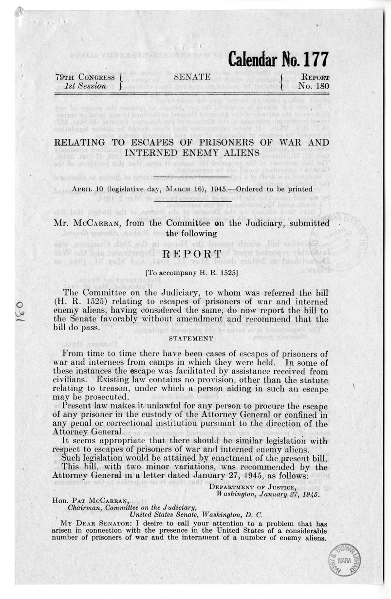 Memorandum from Frederick J. Bailey to M. C. Latta, H.R. 1525, Relating to Escapes of Prisoners of War and Interned Enemy Aliens, with Attachments