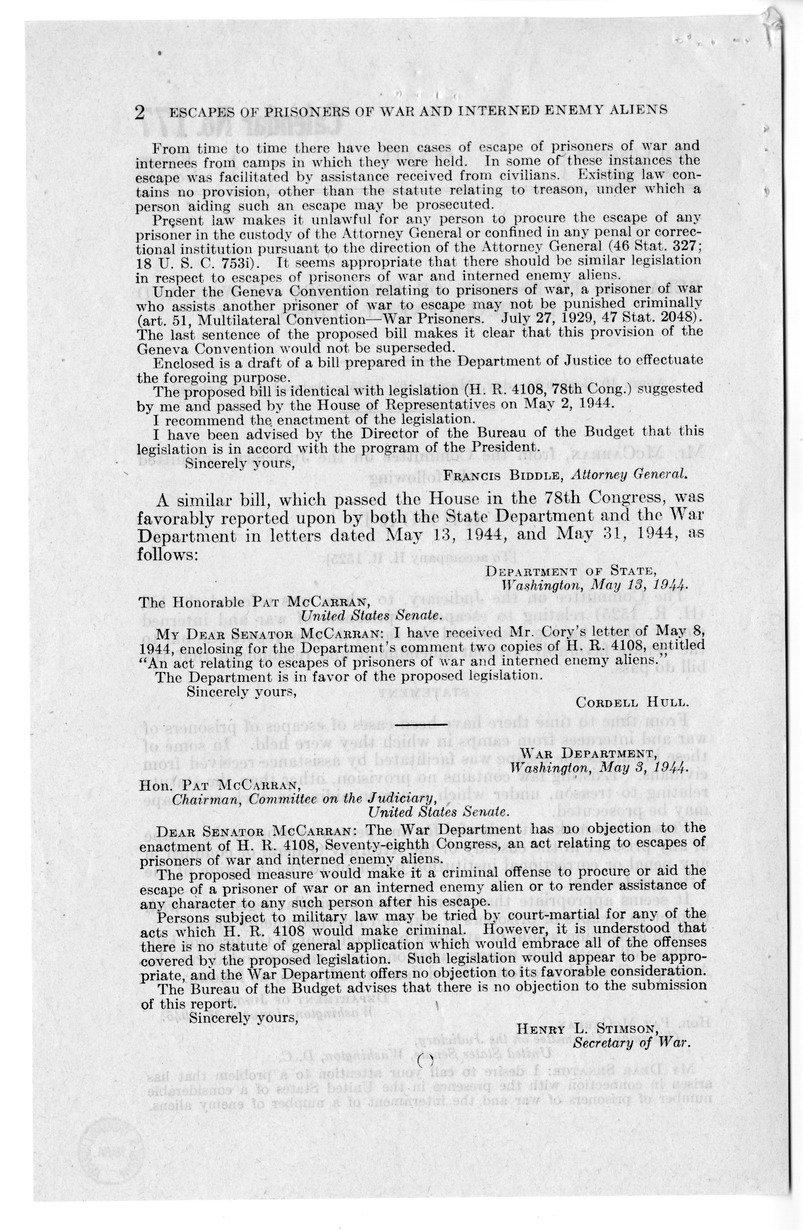 Memorandum from Frederick J. Bailey to M. C. Latta, H.R. 1525, Relating to Escapes of Prisoners of War and Interned Enemy Aliens, with Attachments
