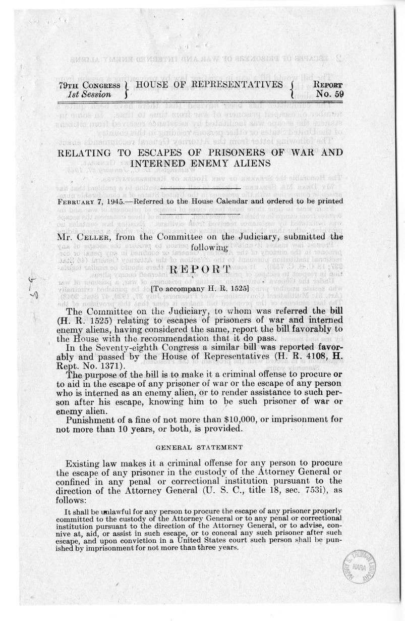 Memorandum from Frederick J. Bailey to M. C. Latta, H.R. 1525, Relating to Escapes of Prisoners of War and Interned Enemy Aliens, with Attachments