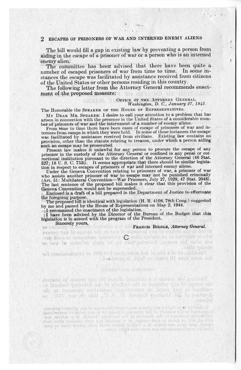 Memorandum from Frederick J. Bailey to M. C. Latta, H.R. 1525, Relating to Escapes of Prisoners of War and Interned Enemy Aliens, with Attachments
